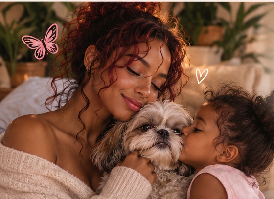 Warm family and pet care moment